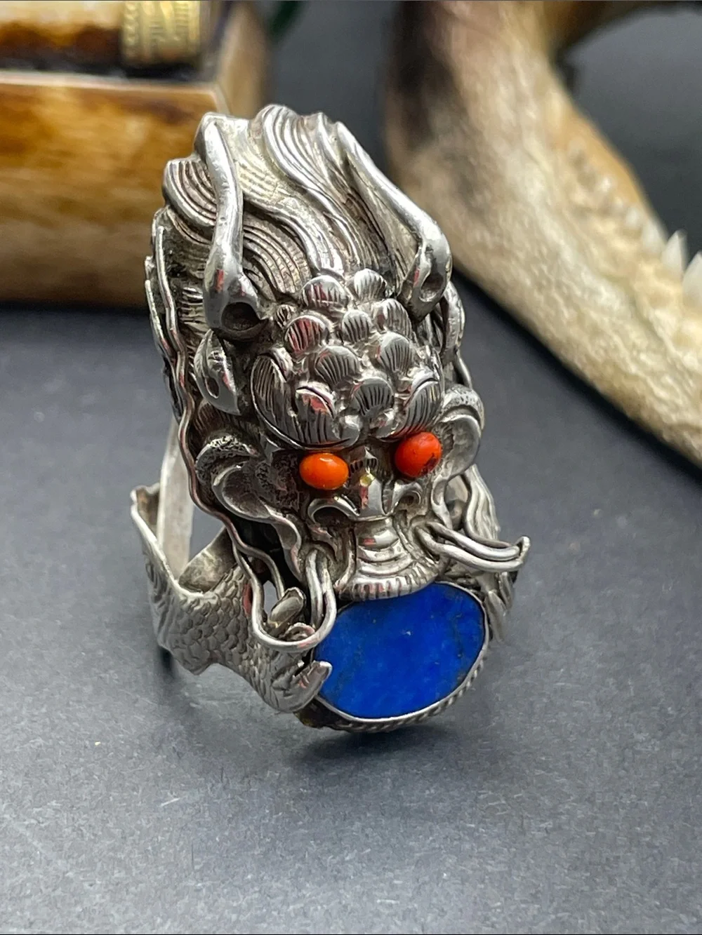Dragon sterling, coral and lapis lazuli ring